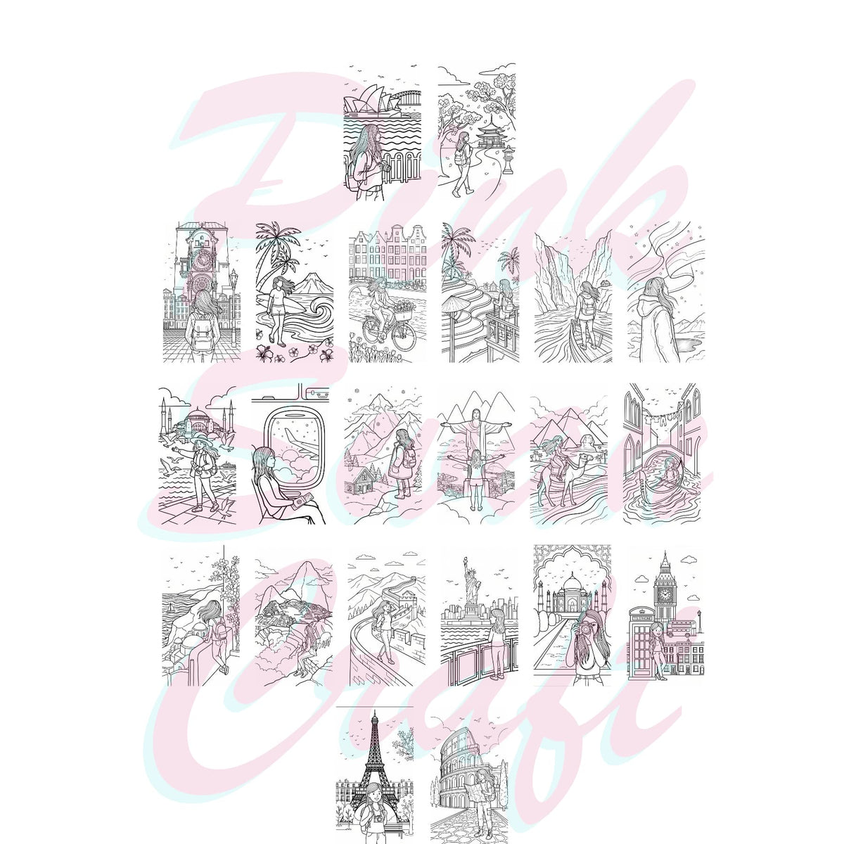 Travel Girl: Around the World in Coloring Pages - 10X20 cm