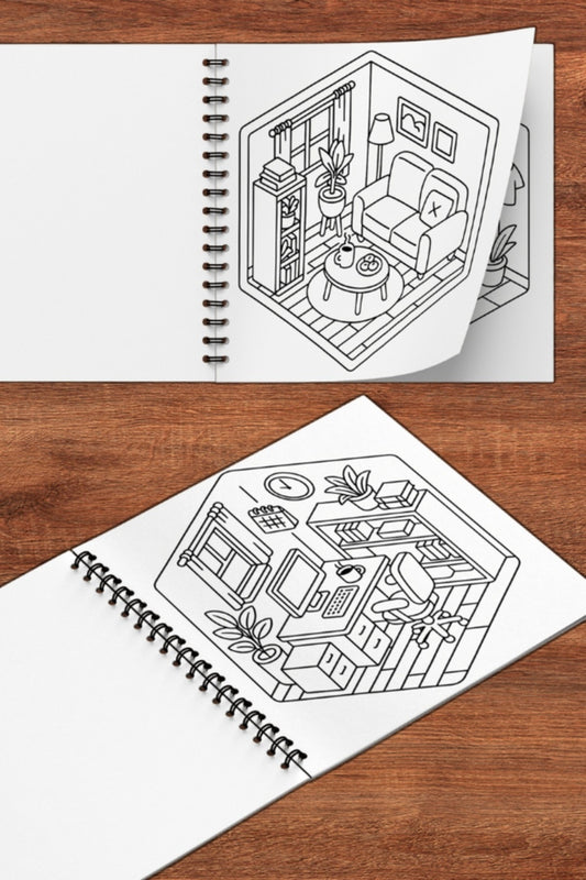 Tiny House Little İsometric Corners – 20x20 cm Büyük Boyama Kitabı, Çocuklar ve Yetişkinler