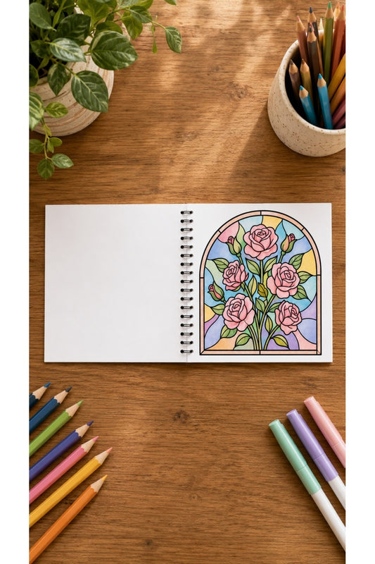Stained Glass Vitray Flower Garden 20x20 Cm Büyük Boyama Kitabı, Çocuklar Ve Yetişkinler İçin