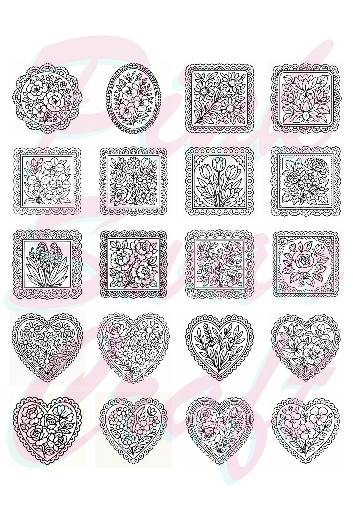 Vintage Dantel Ve Çiçekler Bold And Easy 20x20 cm Büyük Boyama Kitabı Çocuklar Yetişkinler