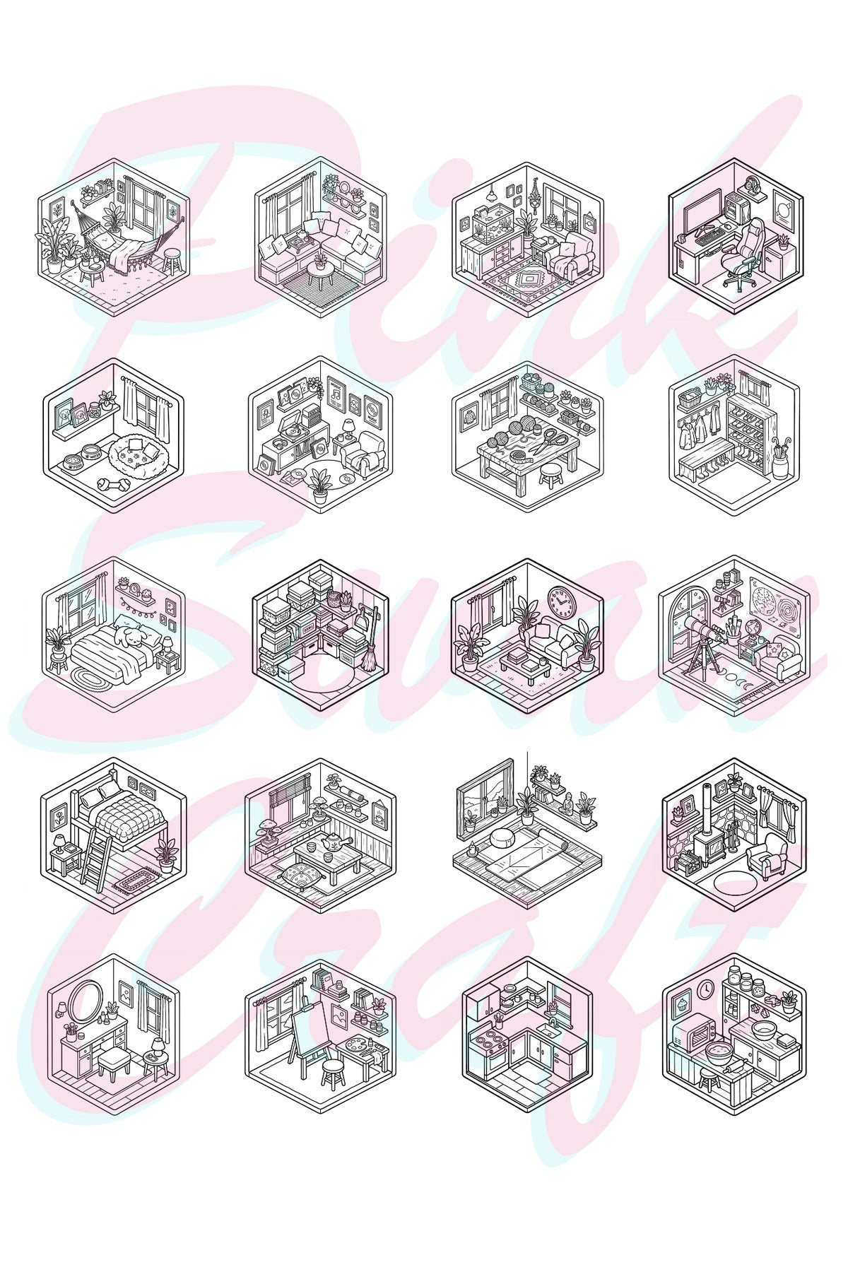 Little Tiny Isometric Rooms II – 20x20 cm Büyük Boyama Kitabı, Çocuklar ve Yetişkinler İçin