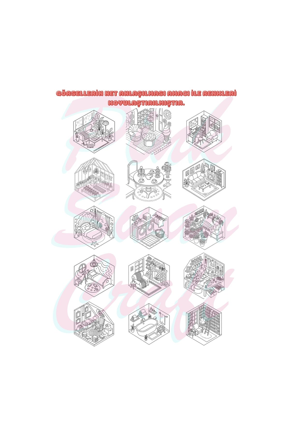 Cozy Isometric Rooms Boyama Kitabı Trace Sketch Color 30 Görsel 20x20 Cm