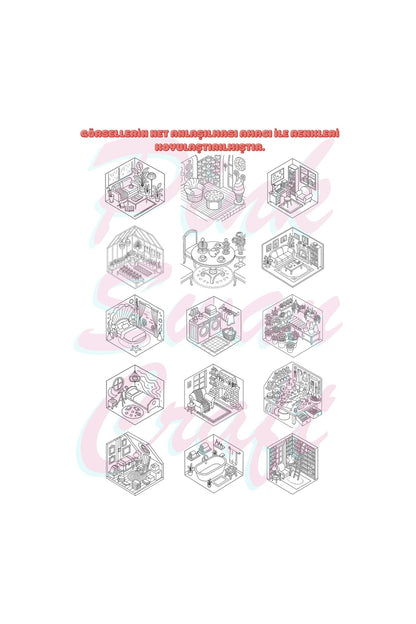 Cozy Isometric Rooms Boyama Kitabı Trace Sketch Color 30 Görsel 20x20 Cm