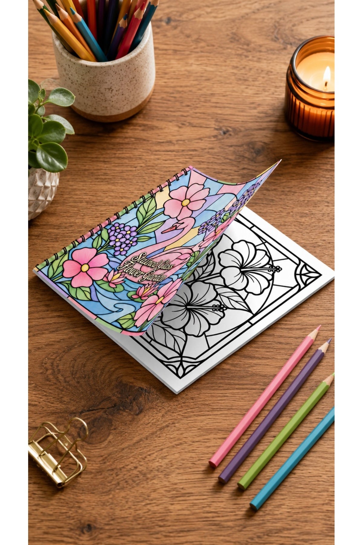 Stained Glass Vitray Flower Garden 20x20 Cm Büyük Boyama Kitabı, Çocuklar Ve Yetişkinler İçin
