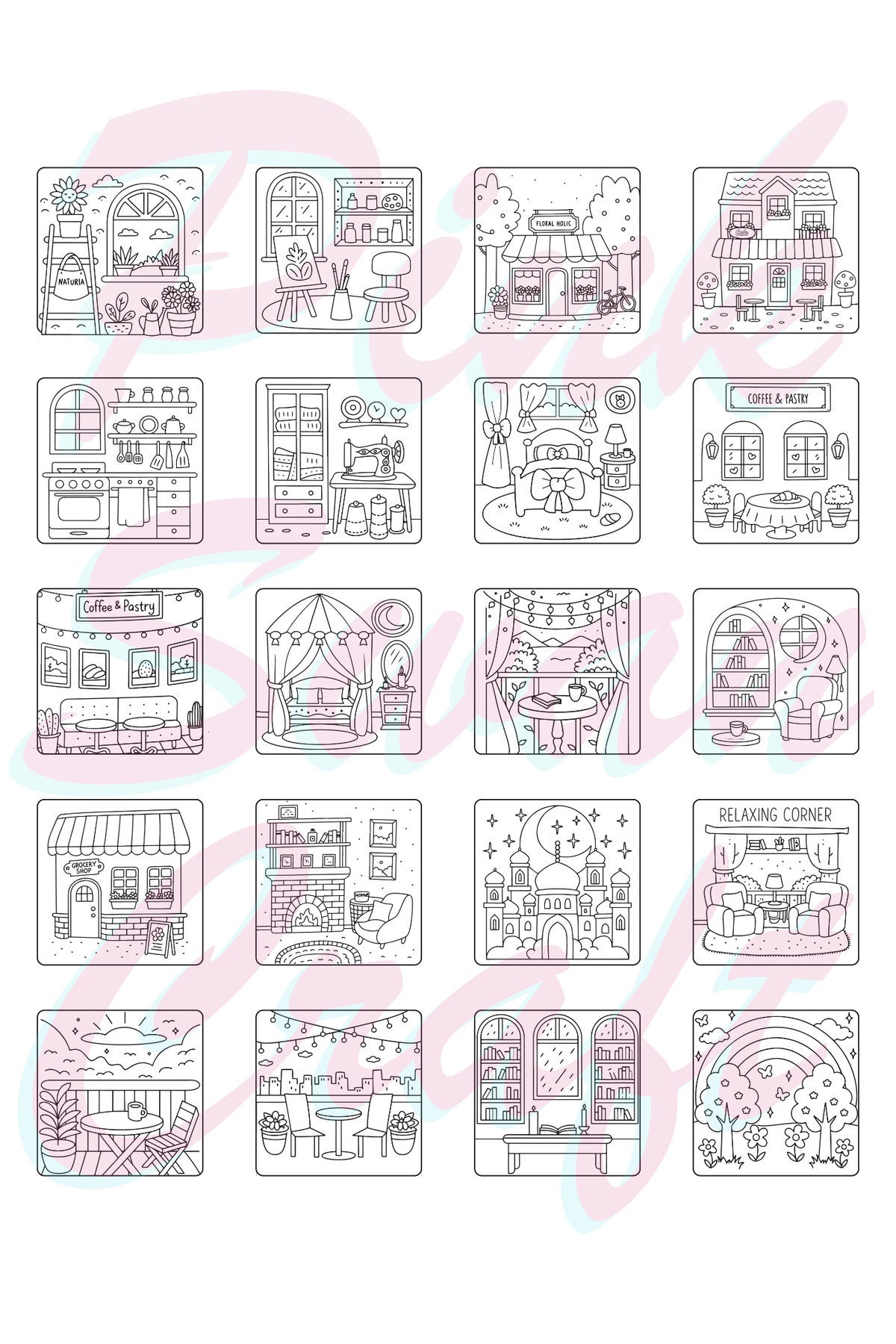 Cozy Spaces Bold And Easy – 20x20 cm Büyük Boyama Kitabı, Çocuklar ve Yetişkinler İçin
