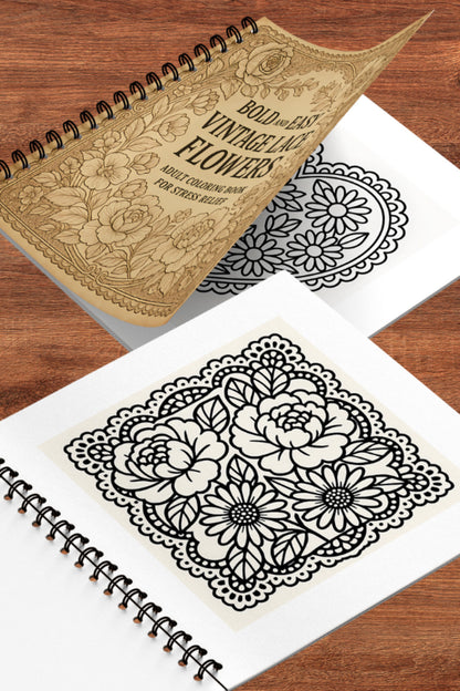 Vintage Dantel Ve Çiçekler Bold And Easy 20x20 cm Büyük Boyama Kitabı Çocuklar Yetişkinler