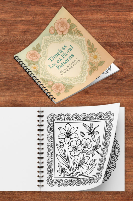 Timeless Lace & Floral Dekupaj Patterns – 20x20 cm Büyük Boyama Kitabı, Çocuklar ve Yetişkinler İçin