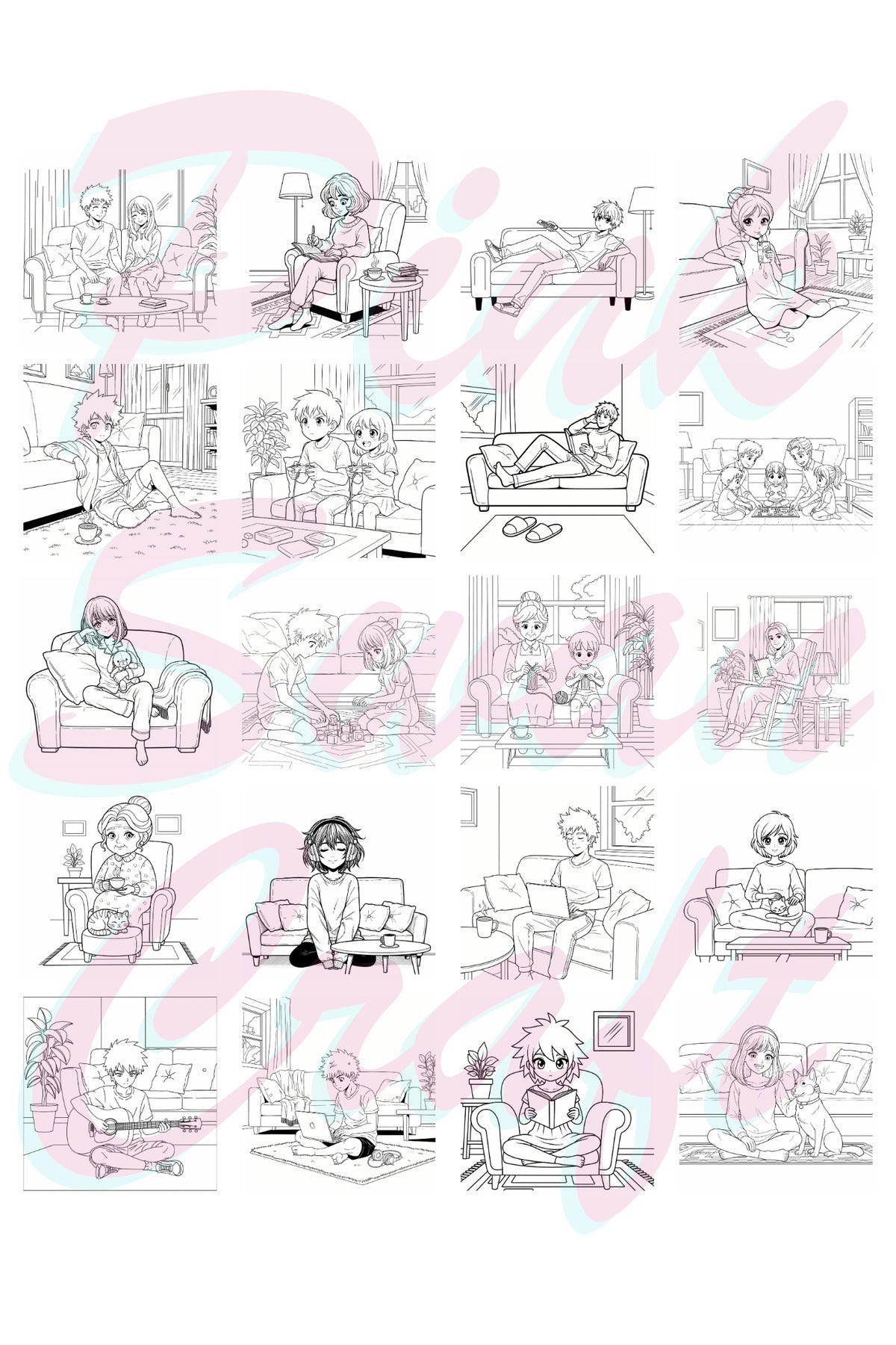 Bold And Easy Anime Style Living Rooms – 20x20 cm Büyük Boyama Kitabı, Çocuklar ve Yetişkinler İçin
