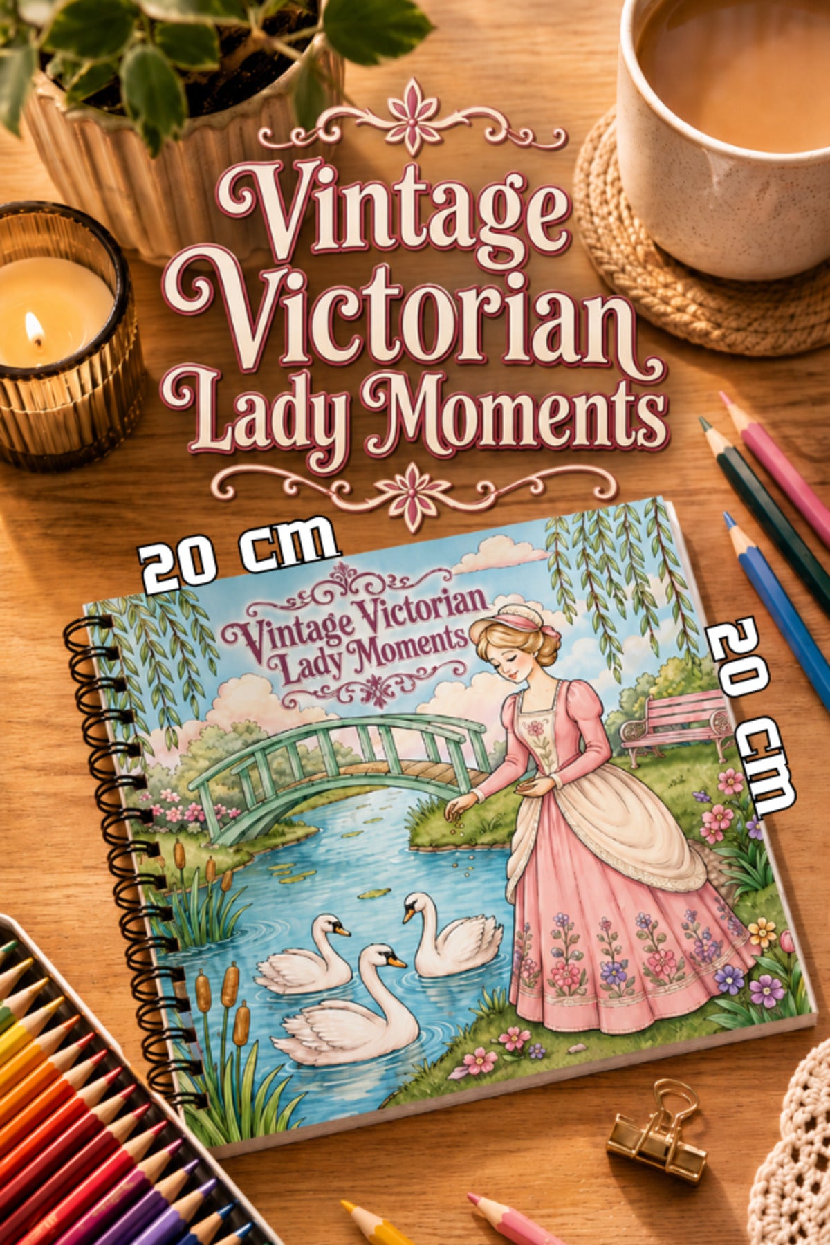 Vintage Victorian Lady Moments – 20x20 cm Büyük Boyama Kitabı, Çocuklar ve Yetişkinler İçin