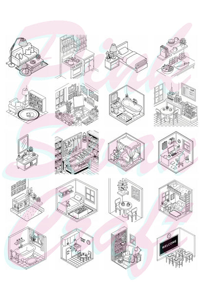 Isometric Rooms Bold And Easy - 20x20 Büyük Boyama Kitabı, Çocuklar ve Yetişkinler İçin