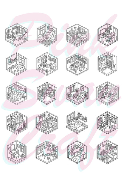 Little Tiny Isometric Rooms II – 20x20 cm Büyük Boyama Kitabı, Çocuklar ve Yetişkinler İçin