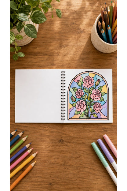 Stained Glass Vitray Flower Garden 20x20 Cm Büyük Boyama Kitabı, Çocuklar Ve Yetişkinler İçin