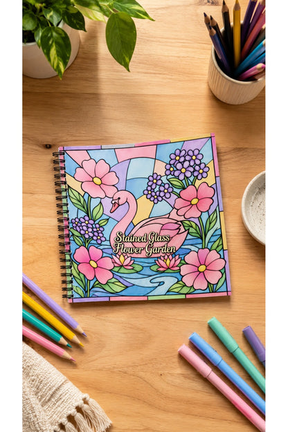 Stained Glass Vitray Flower Garden 20x20 Cm Büyük Boyama Kitabı, Çocuklar Ve Yetişkinler İçin