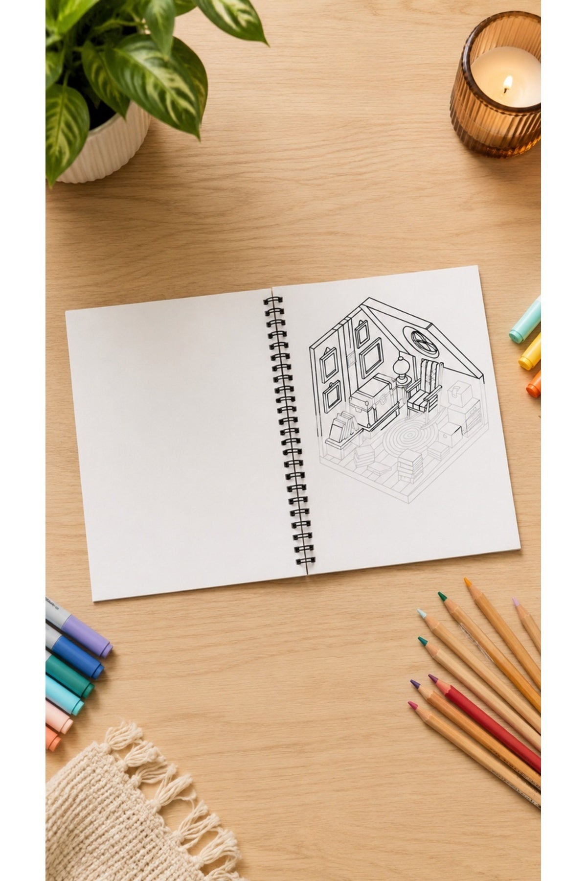 Cozy Isometric Rooms Boyama Kitabı Trace Sketch Color 30 Görsel 20x20 Cm