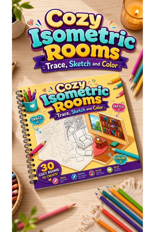 Cozy Isometric Rooms Boyama Kitabı Trace Sketch Color 30 Görsel 20x20 Cm