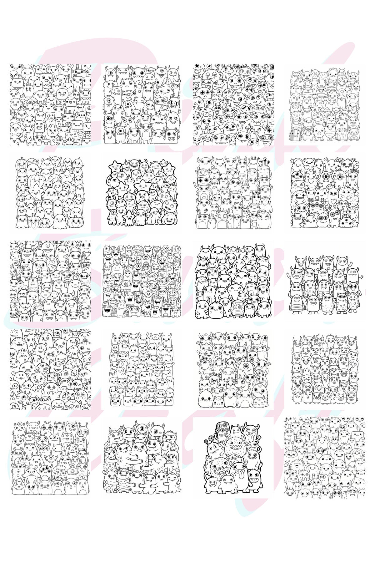 Cute Doodle Monsters Bold And Easy – 20x20 cm Büyük Boyama Kitabı, Çocuklar ve Yetişkinler İçin