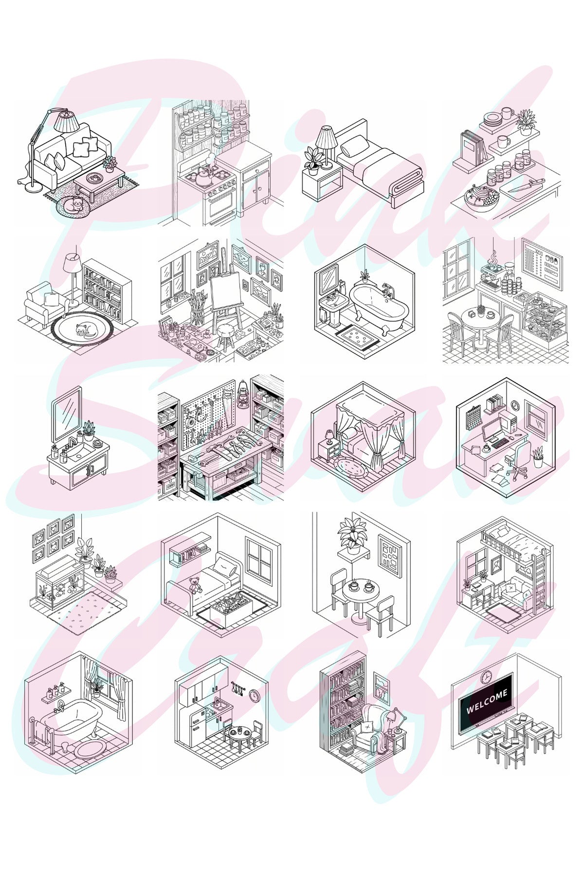 Isometric Rooms Bold And Easy - 20x20 Büyük Boyama Kitabı, Çocuklar ve Yetişkinler İçin