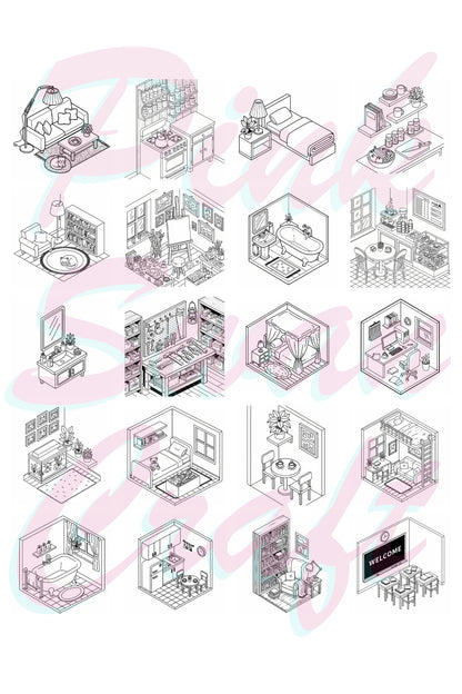 Isometric Rooms Bold And Easy - 20x20 Büyük Boyama Kitabı, Çocuklar ve Yetişkinler İçin