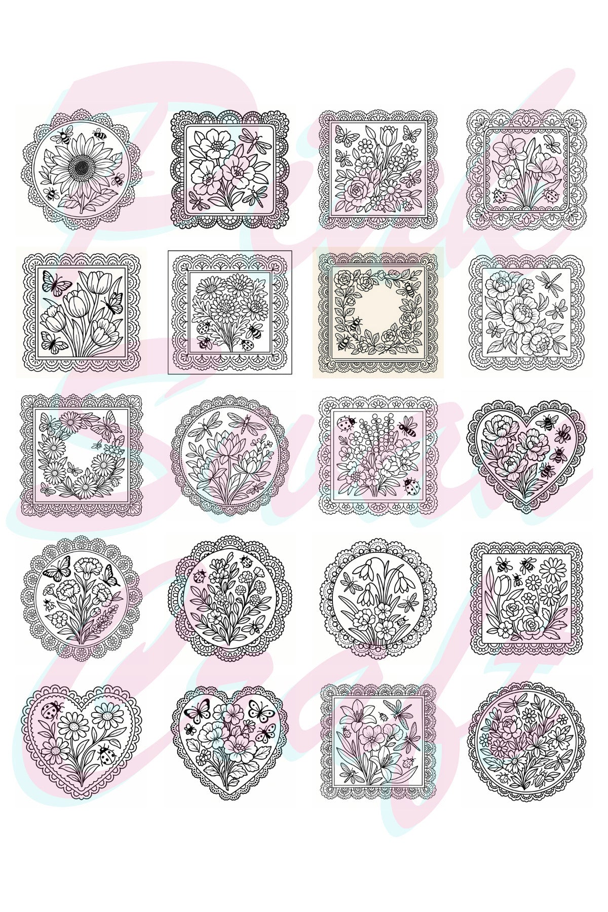 Timeless Lace & Floral Dekupaj Patterns – 20x20 cm Büyük Boyama Kitabı, Çocuklar ve Yetişkinler İçin