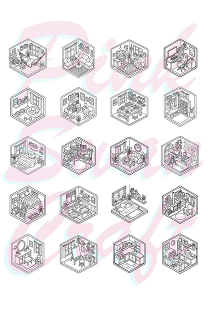 Little Tiny Isometric Rooms II – 20x20 cm Büyük Boyama Kitabı, Çocuklar ve Yetişkinler İçin