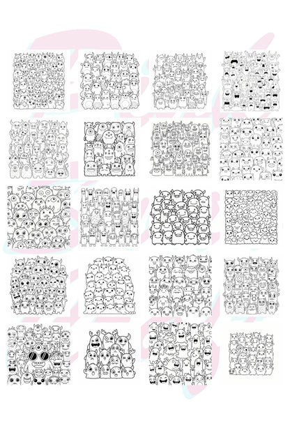 Cute Doodle Monsters Bold And Easy – 20x20 cm Büyük Boyama Kitabı, Çocuklar ve Yetişkinler İçin