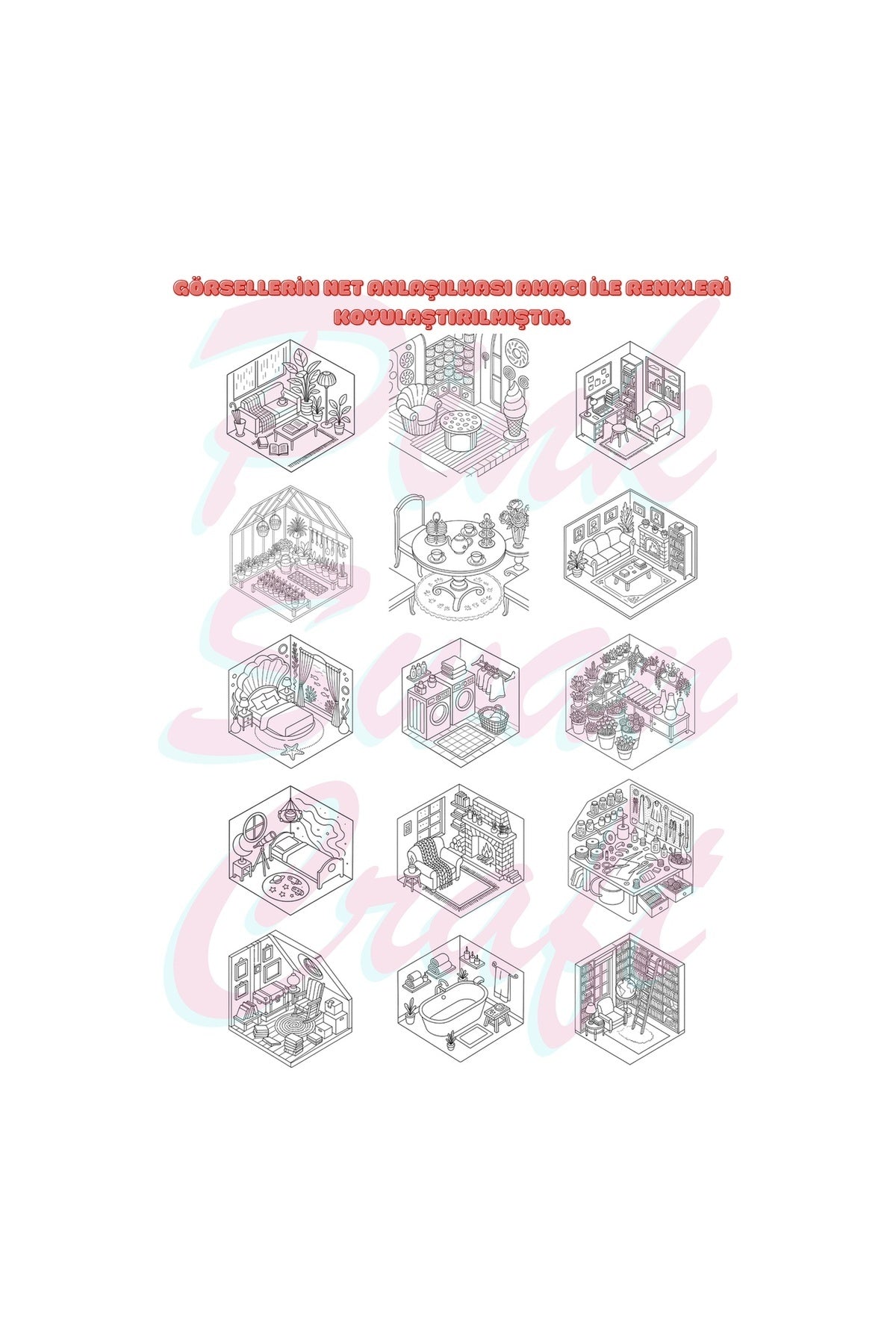 Cozy Isometric Rooms Boyama Kitabı Trace Sketch Color 30 Görsel 20x20 Cm