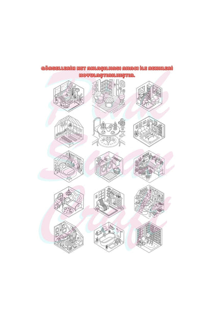 Cozy Isometric Rooms Boyama Kitabı Trace Sketch Color 30 Görsel 20x20 Cm