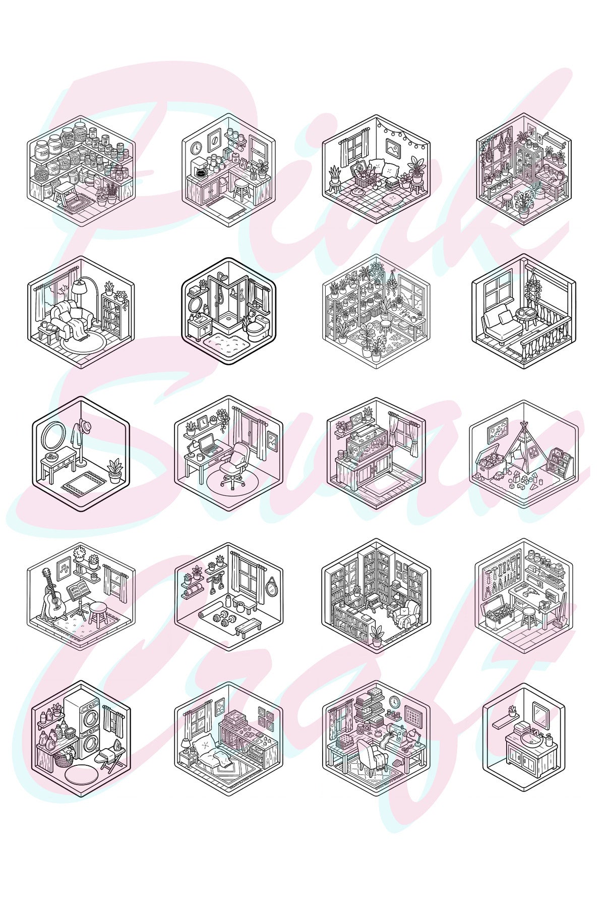 Little Tiny Isometric Rooms II – 20x20 cm Büyük Boyama Kitabı, Çocuklar ve Yetişkinler İçin