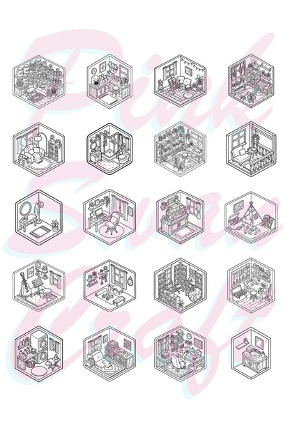 Little Tiny Isometric Rooms II – 20x20 cm Büyük Boyama Kitabı, Çocuklar ve Yetişkinler İçin