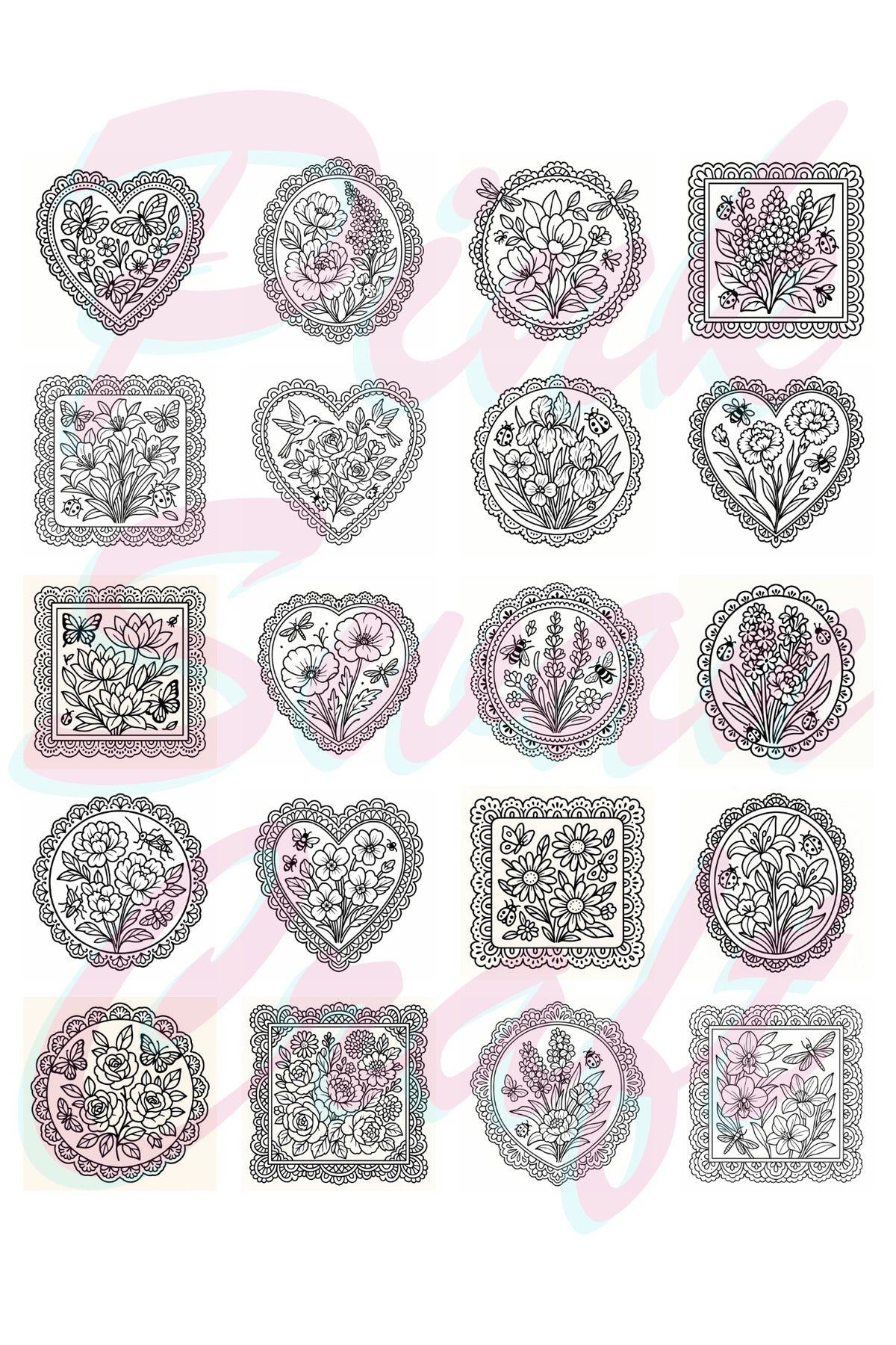 Timeless Lace & Floral Dekupaj Patterns – 20x20 cm Büyük Boyama Kitabı, Çocuklar ve Yetişkinler İçin