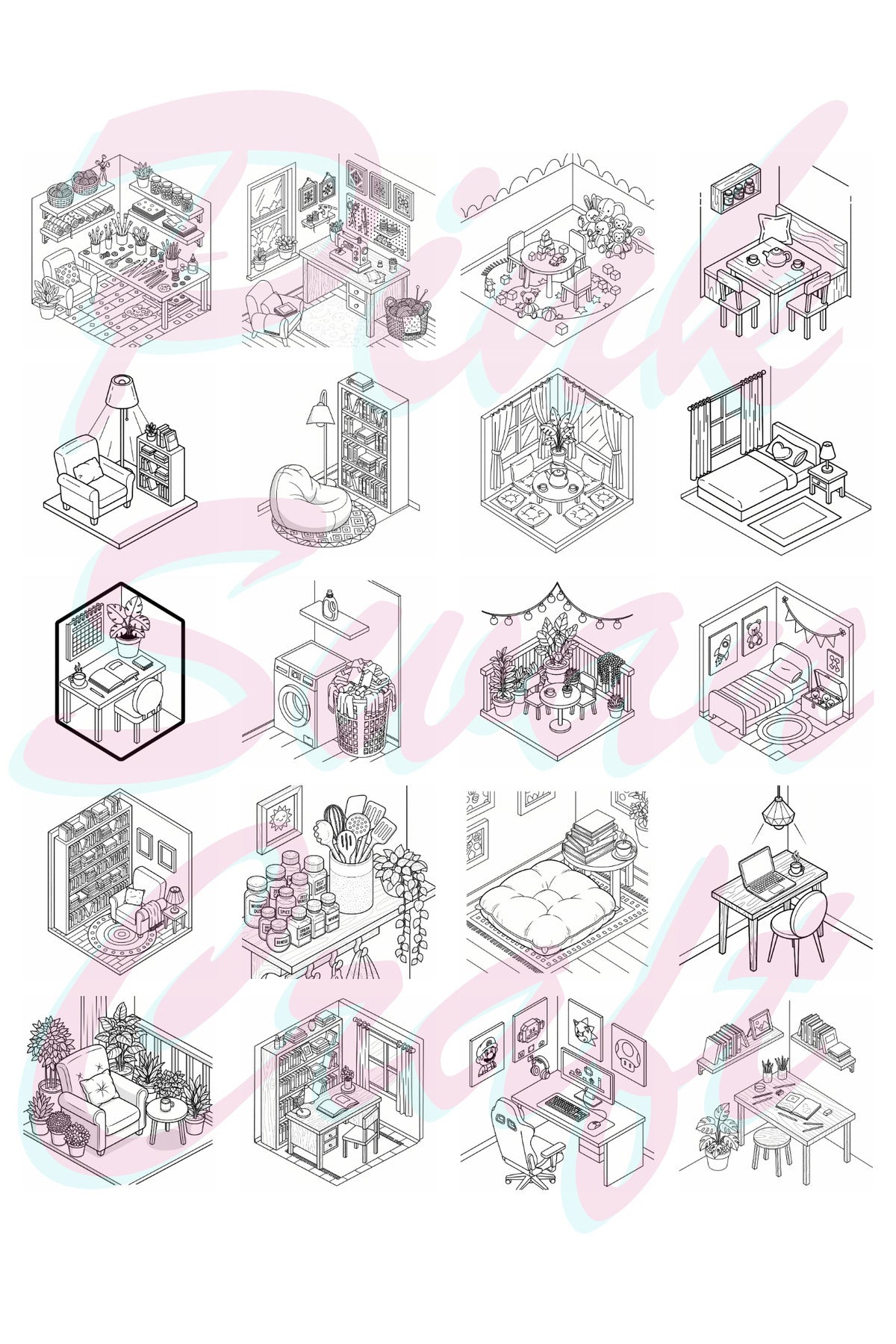 Isometric Rooms Bold And Easy - 20x20 Büyük Boyama Kitabı, Çocuklar ve Yetişkinler İçin