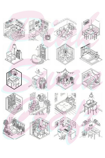 Isometric Rooms Bold And Easy - 20x20 Büyük Boyama Kitabı, Çocuklar ve Yetişkinler İçin