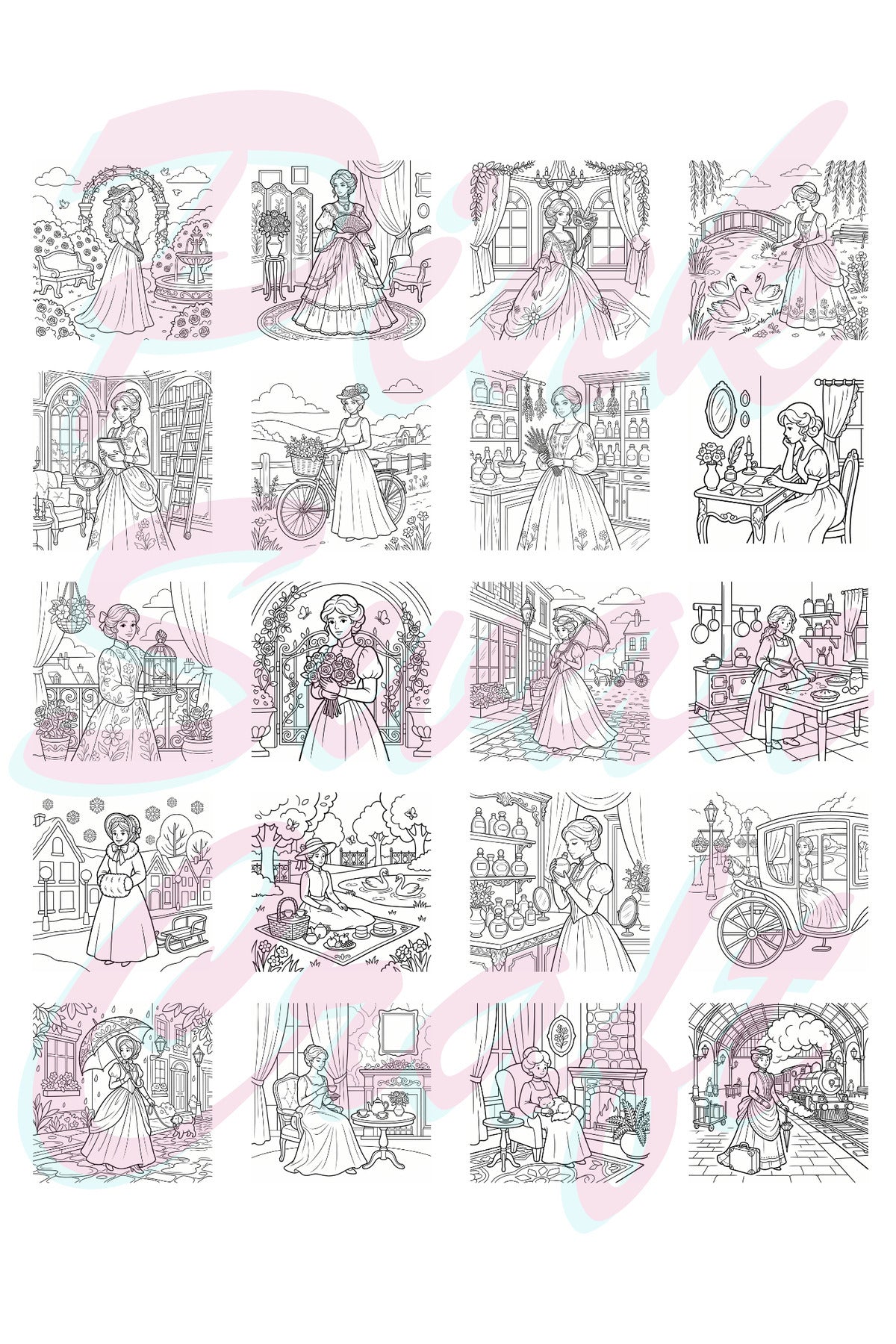 Vintage Victorian Lady Moments – 20x20 cm Büyük Boyama Kitabı, Çocuklar ve Yetişkinler İçin