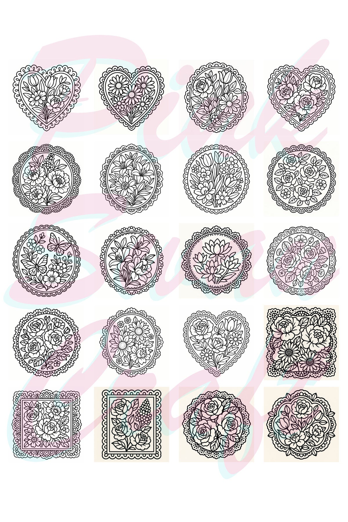 Vintage Dantel Ve Çiçekler Bold And Easy 20x20 cm Büyük Boyama Kitabı Çocuklar Yetişkinler