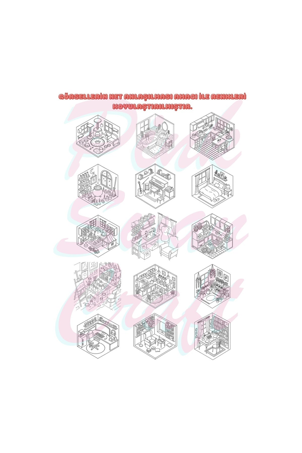 Cozy Isometric Rooms Boyama Kitabı Trace Sketch Color 30 Görsel 20x20 Cm