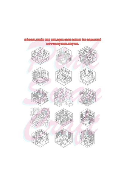 Cozy Isometric Rooms Boyama Kitabı Trace Sketch Color 30 Görsel 20x20 Cm