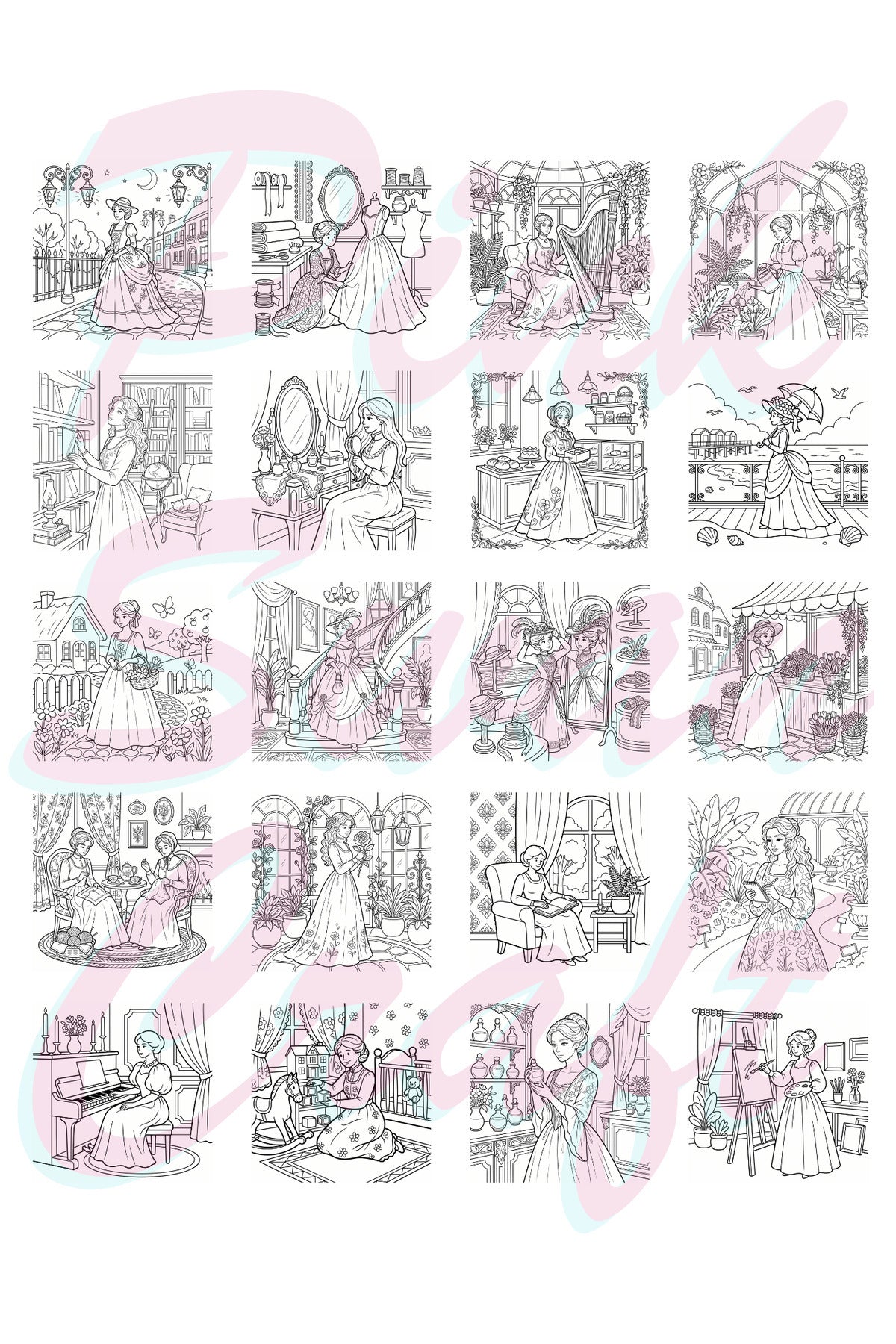 Vintage Victorian Lady Moments – 20x20 cm Büyük Boyama Kitabı, Çocuklar ve Yetişkinler İçin