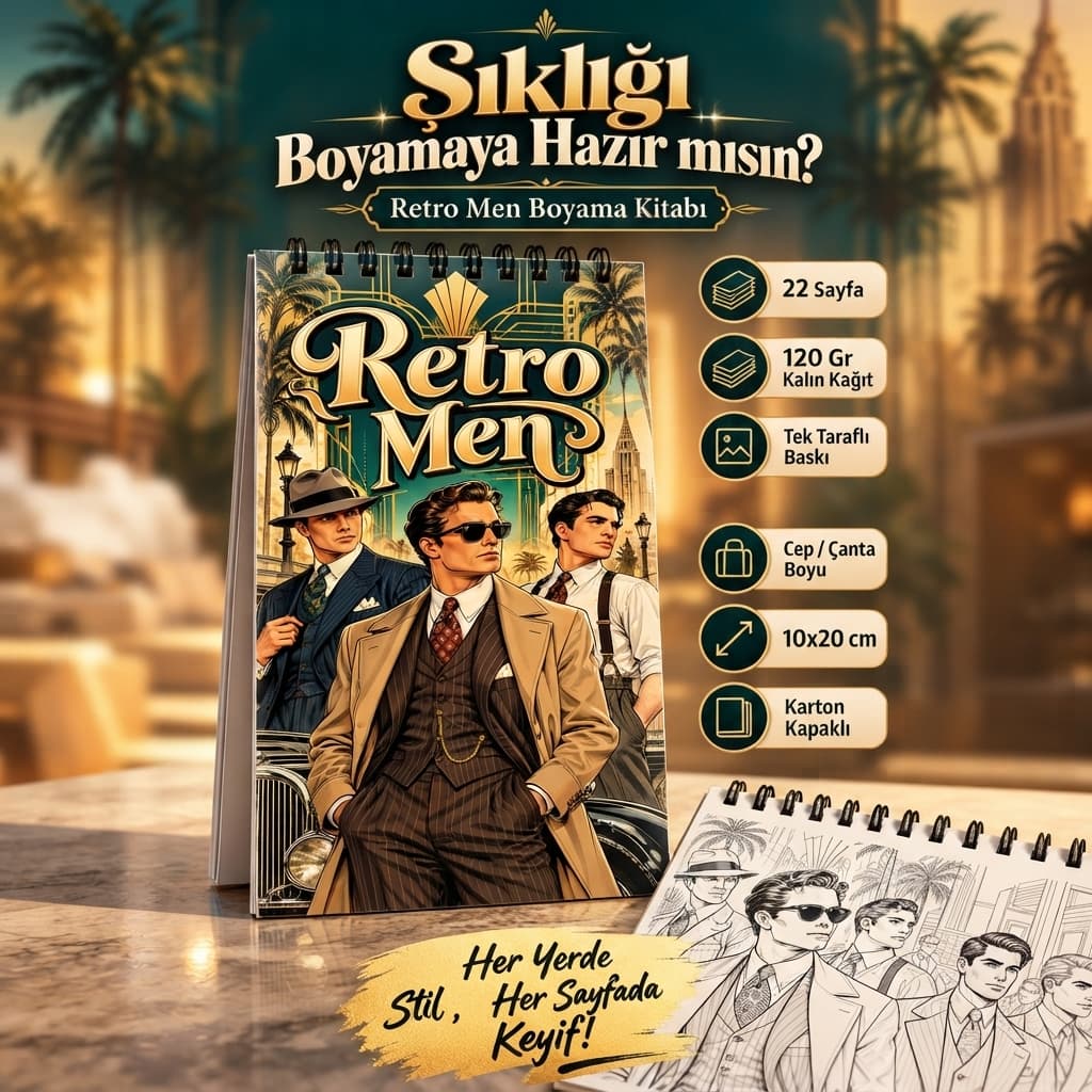 Retro Men Vintage Erkek Modası 10x20 Cep/Çanta Boy Boyama Kitabı