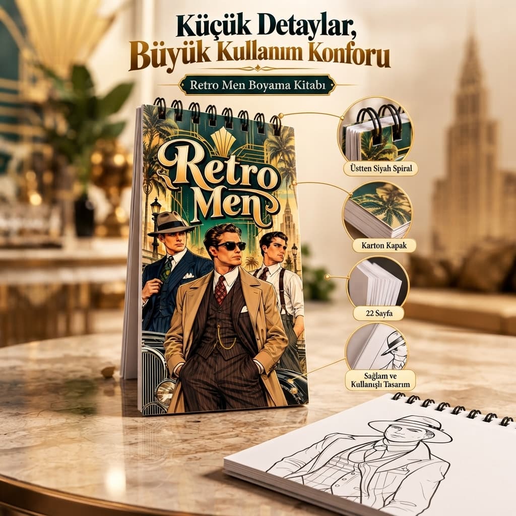 Retro Men Vintage Erkek Modası 10x20 Cep/Çanta Boy Boyama Kitabı