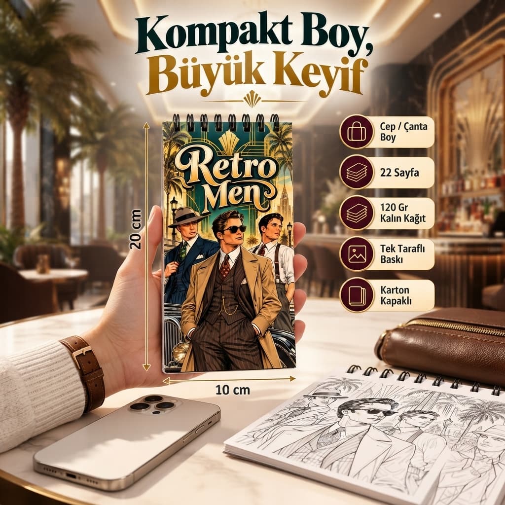 Retro Men Vintage Erkek Modası 10x20 Cep/Çanta Boy Boyama Kitabı