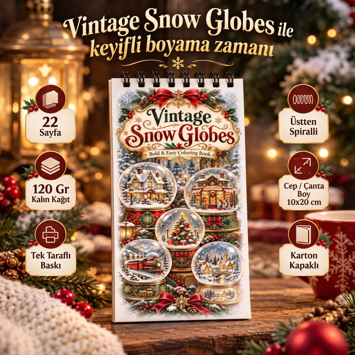 Vintage Snow Globes – Vintage Kar Küreleri 10x20 cm Cep Boy Boyama Kitabı