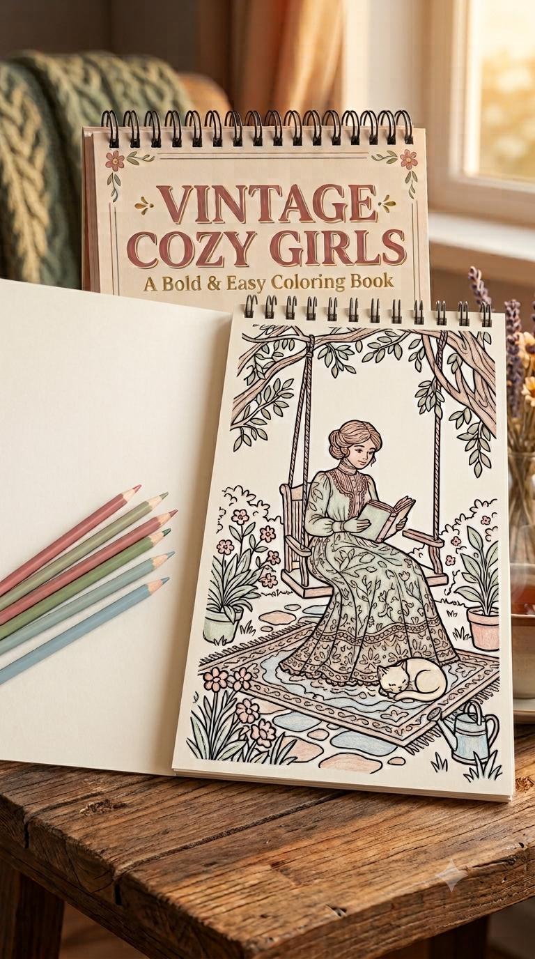 Nostalgic Vintage Cozy Girls Boyama Kitabı - Çanta / Cep Boy - 10x20 cm