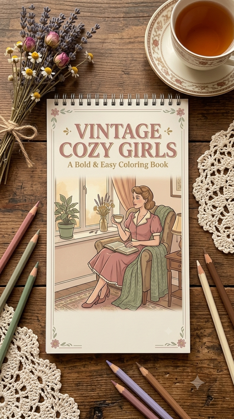 Nostalgic Vintage Cozy Girls Boyama Kitabı - Çanta / Cep Boy - 10x20 cm