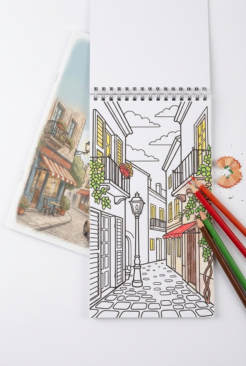Nostaljik Sokaklar: Eski Zaman Kartpostalları Boyama Kitabı - Çanta / Cep Boy - 10x20 cm