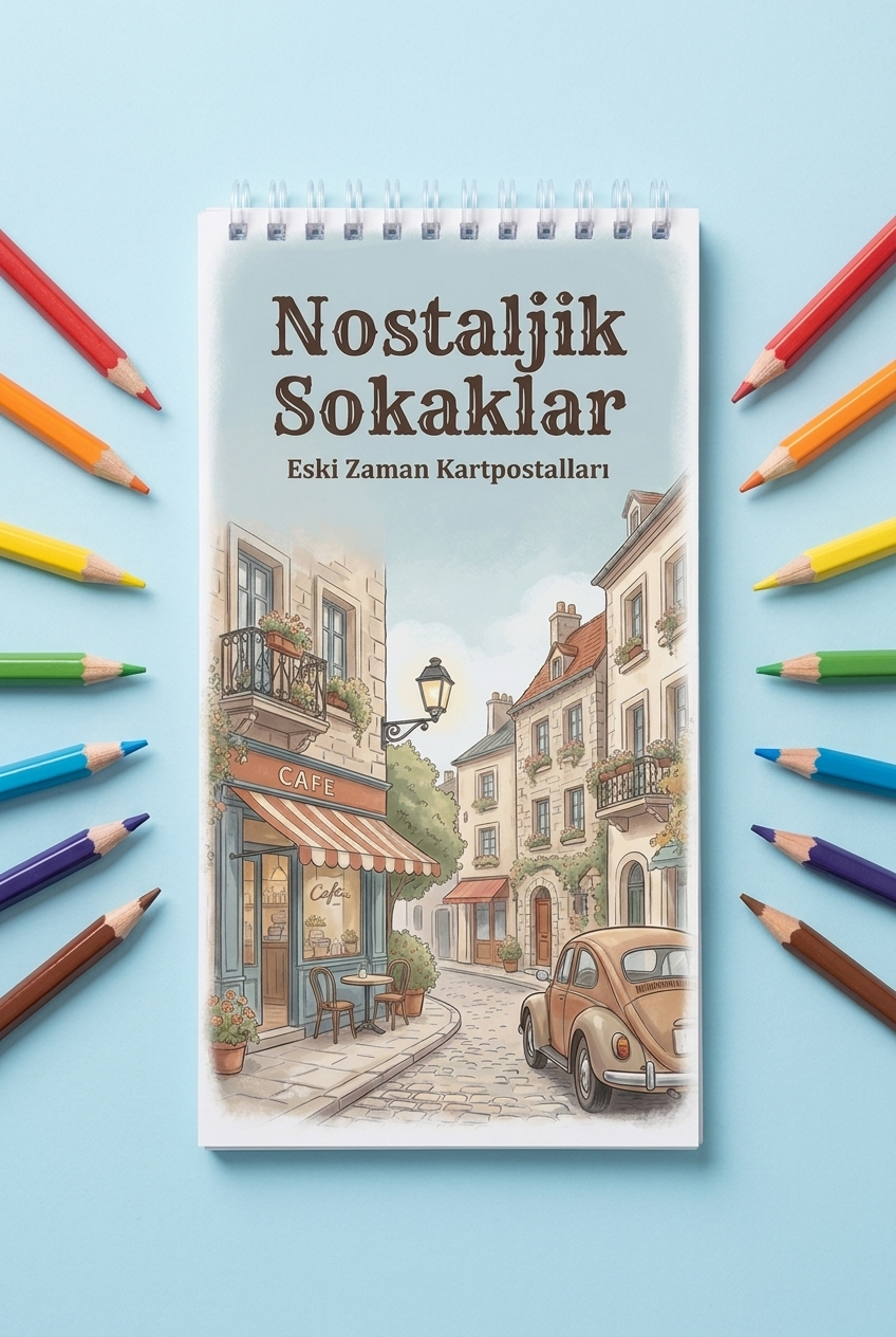 Nostaljik Sokaklar: Eski Zaman Kartpostalları Boyama Kitabı - Çanta / Cep Boy - 10x20 cm