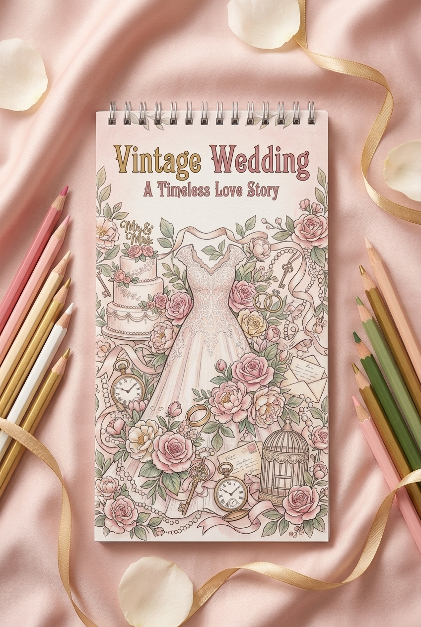Vintage Wedding: A Timeless Love Story Boyama Kitabı - Çanta / Cep Boy - 10x20 cm