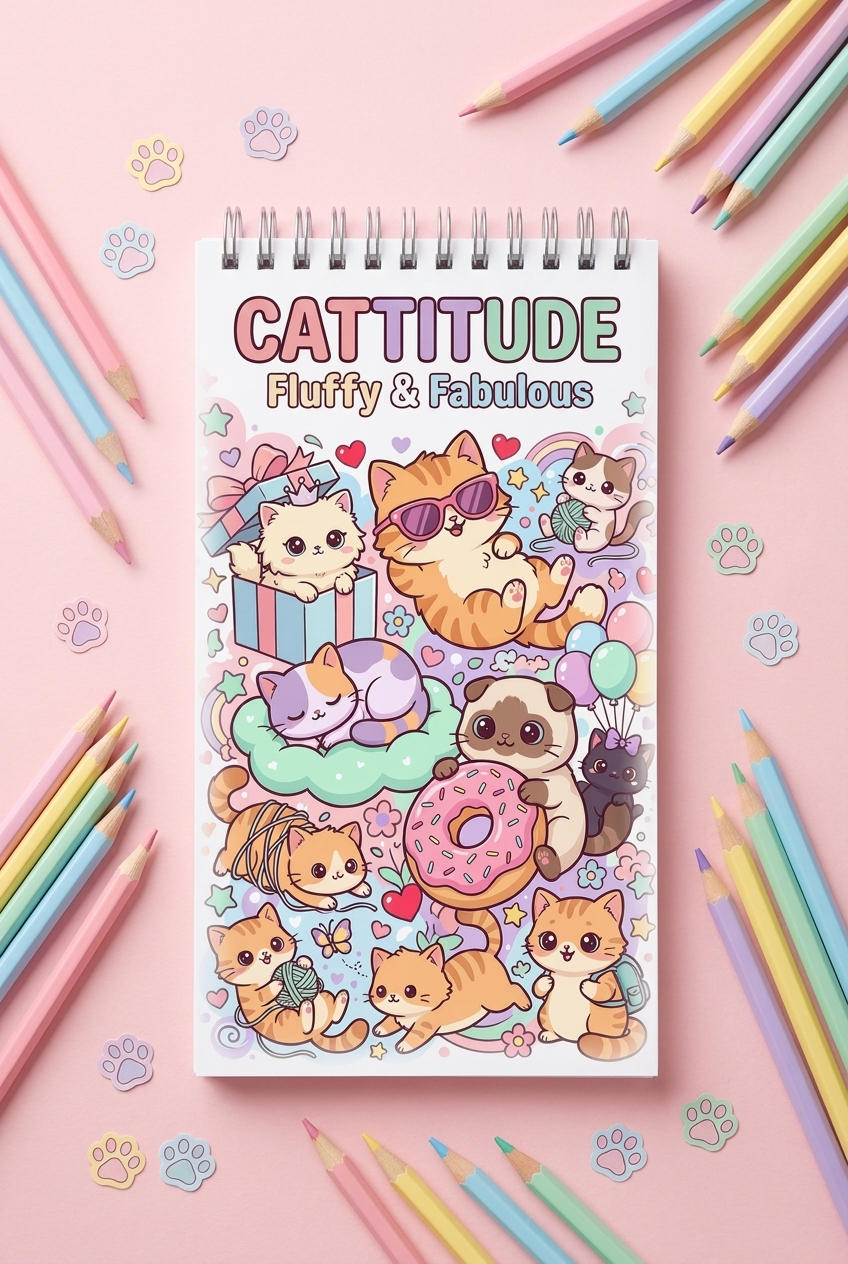 Cattitude: Fluffy & Fabulous Boyama Kitabı - Çanta / Cep Boy - 10x20 cm