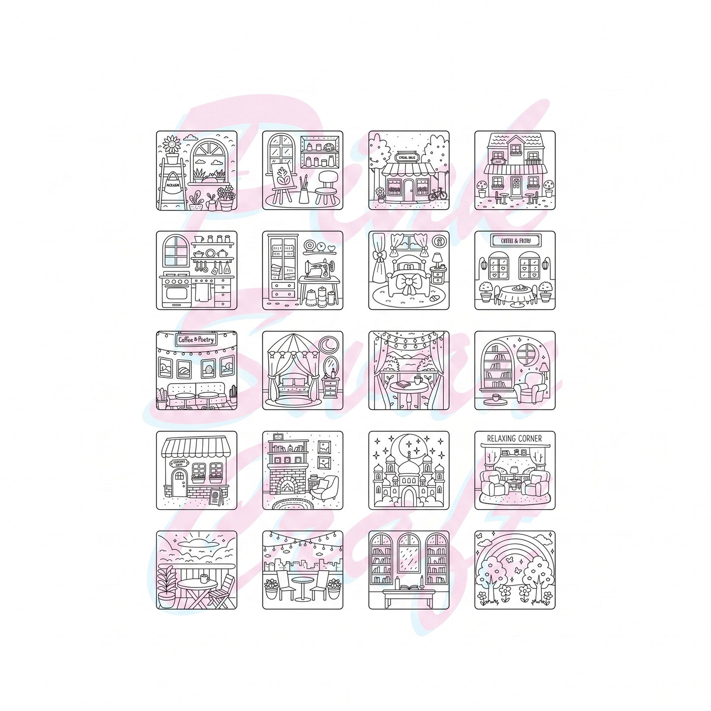 Cozy Spaces Bold And Easy – 20x20 cm Büyük Boyama Kitabı, Çocuklar ve Yetişkinler İçin