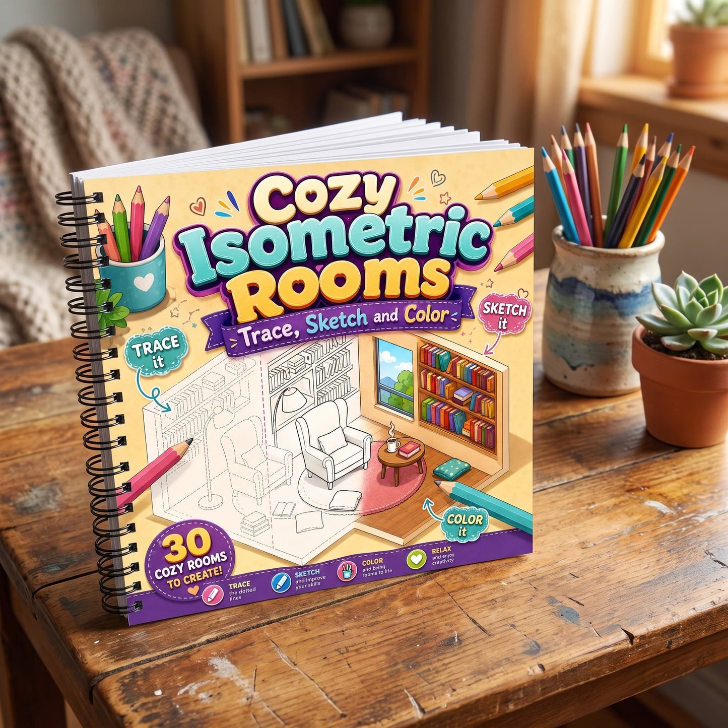 Cozy Isometric Rooms Boyama Kitabı Trace Sketch Color 30 Görsel 20x20 Cm