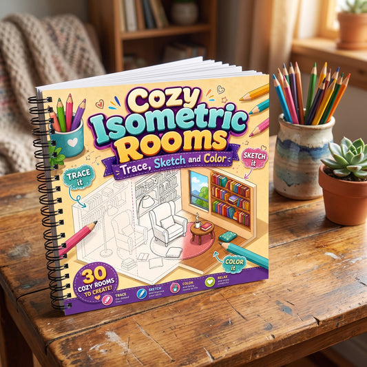 Cozy Isometric Rooms Boyama Kitabı Trace Sketch Color 30 Görsel 20x20 Cm